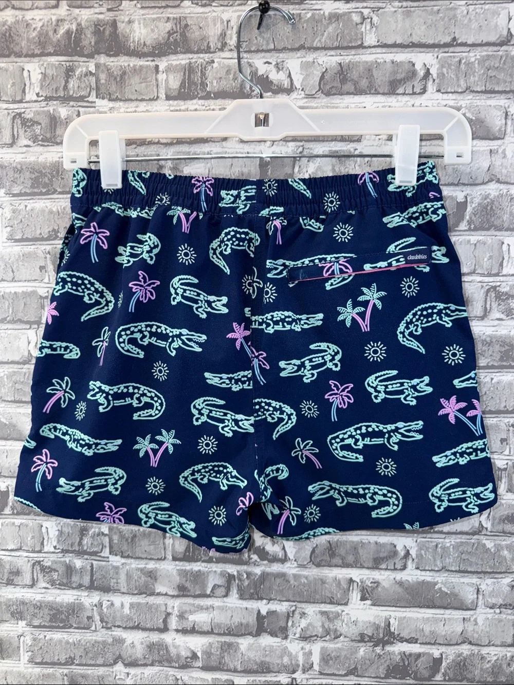 Boy's Chubbies Navy Swim Trunks with Mint & Pink Crocodile Print